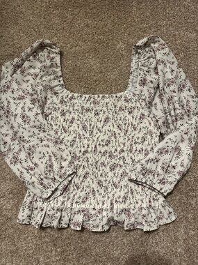 Smocked Square-Neck Floral Blouse in White and Mauve